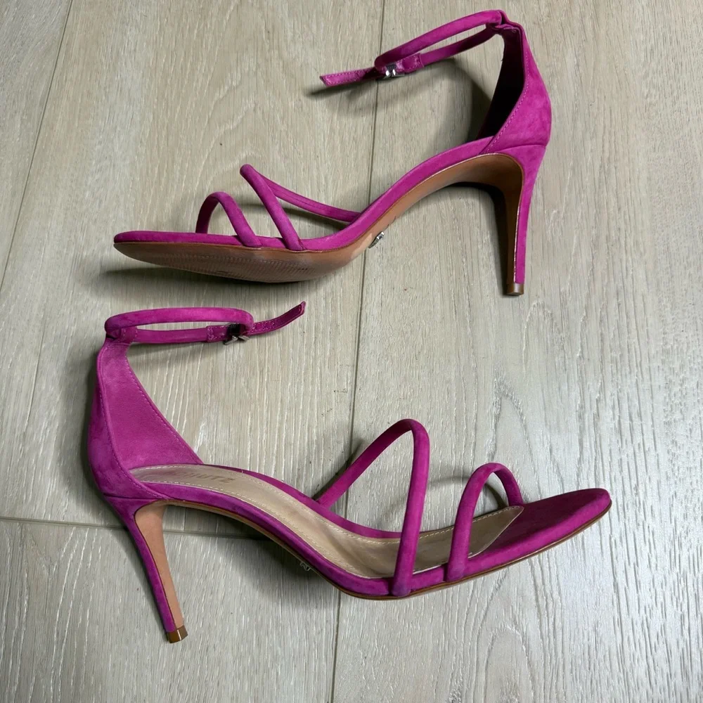 Schutz Jenina Fuchsia Leather Ankle Straps 3” Stiletto Heel Size 10 - Picture 3 of 7